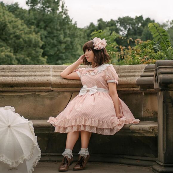 BTSSB Snow Dot Chiffon Peach and White OP Dress - Picture 3 of 5